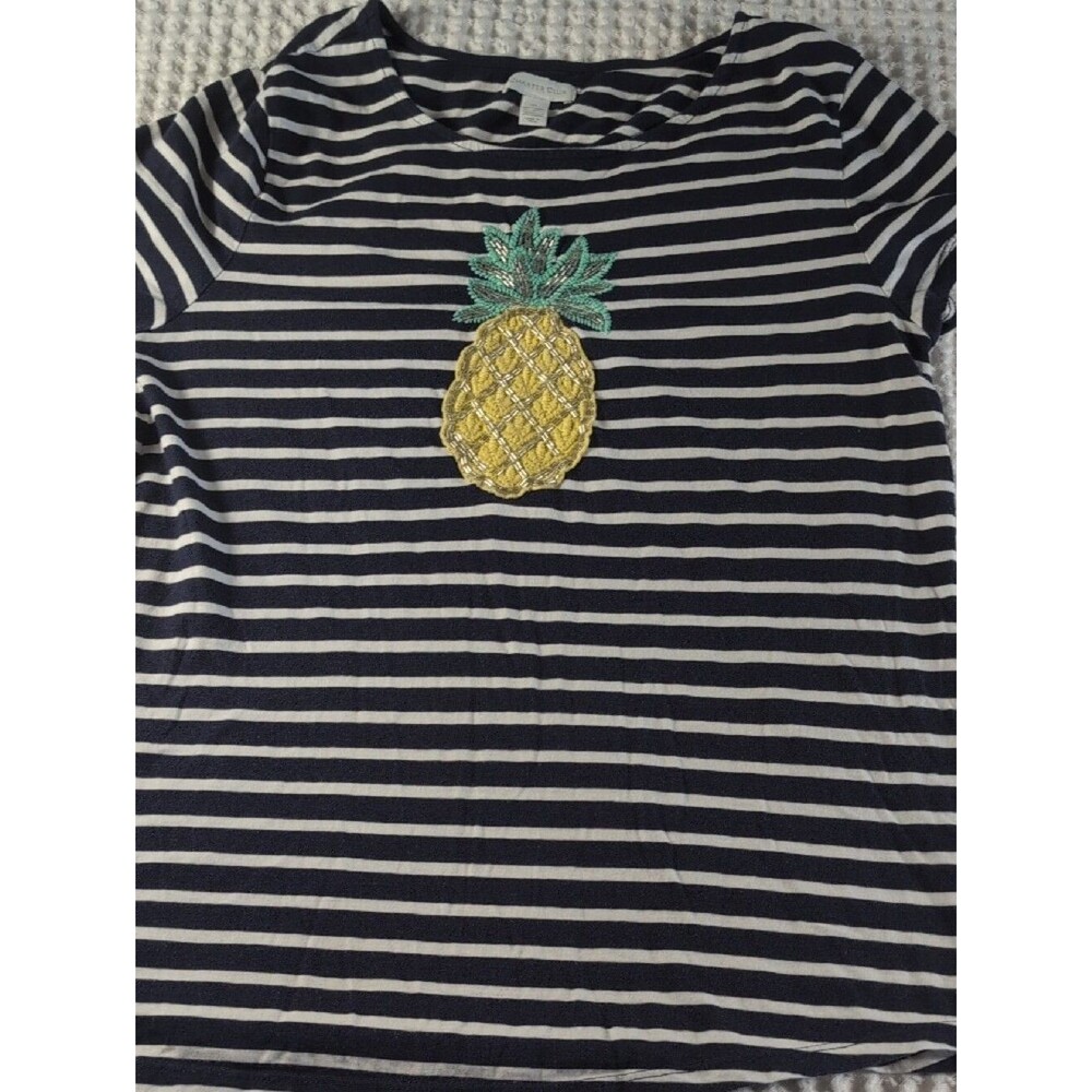Charter Club 100% Cotton Mavy & White Striped Tee with Pineapple Patch Size XL - Picture 7 of 9